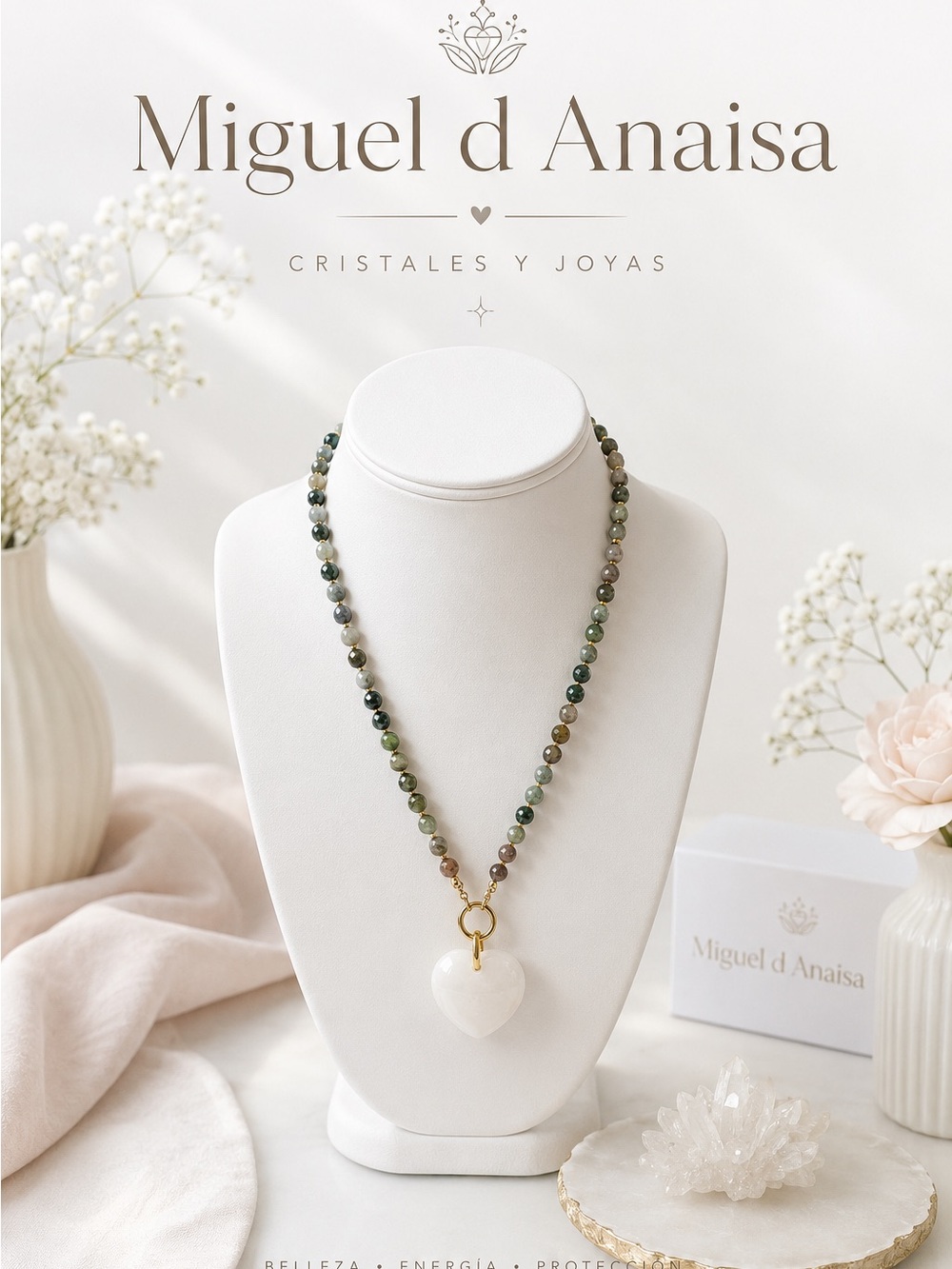 Green Jasper Beaded Necklace with White Heart Pendant